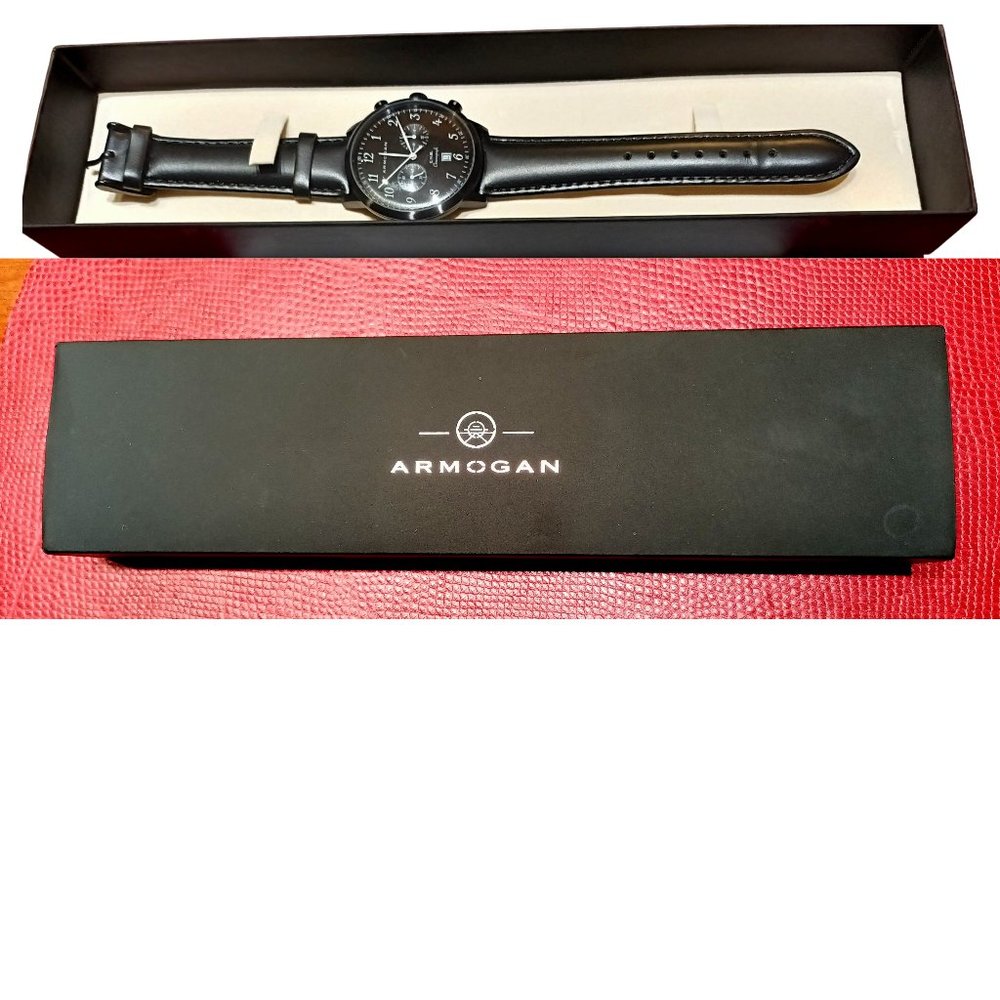 Armogan Men's Watch Black Leather Chronographic Stainless Steel Case